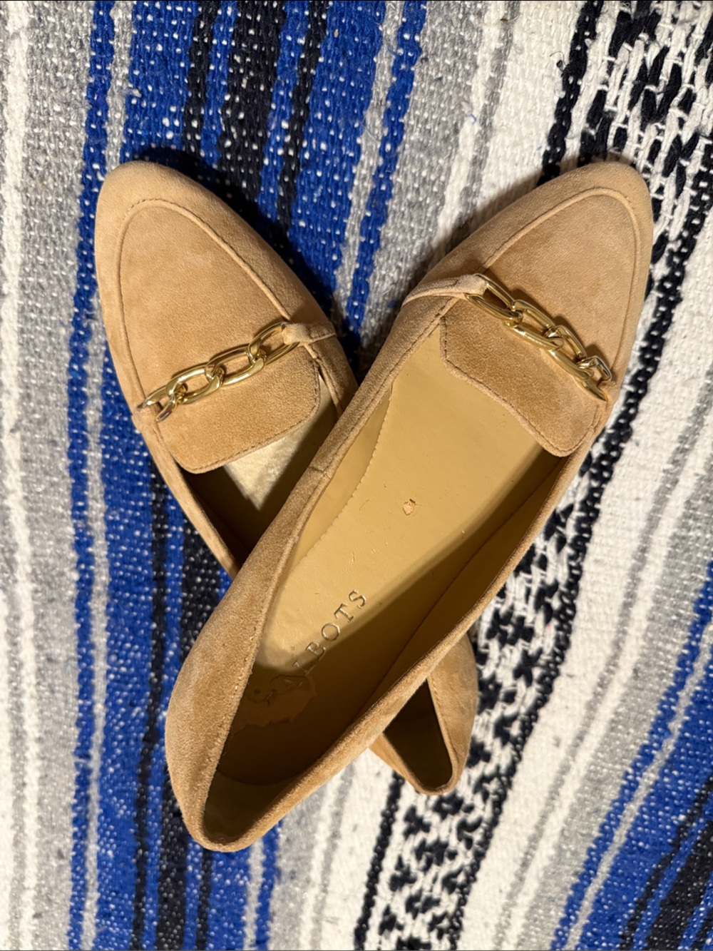 Talbots Tan Suede Loafers with Gold Chain Accent Pointed Toe